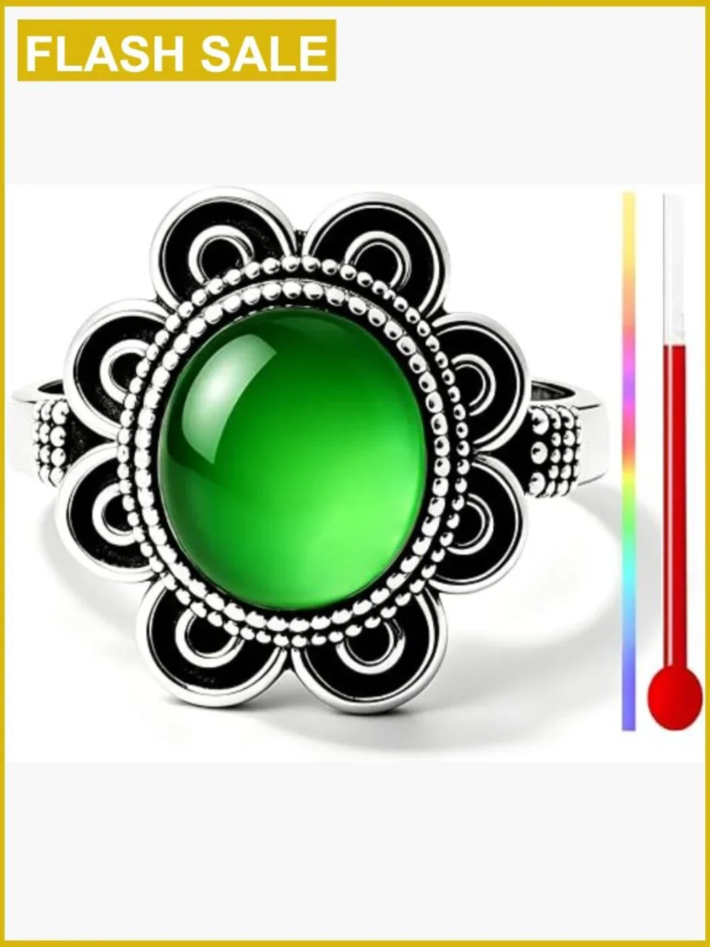 Retro Flower Mood Ring Sterling Silver Thermochromic Stone Statement Ring Boho